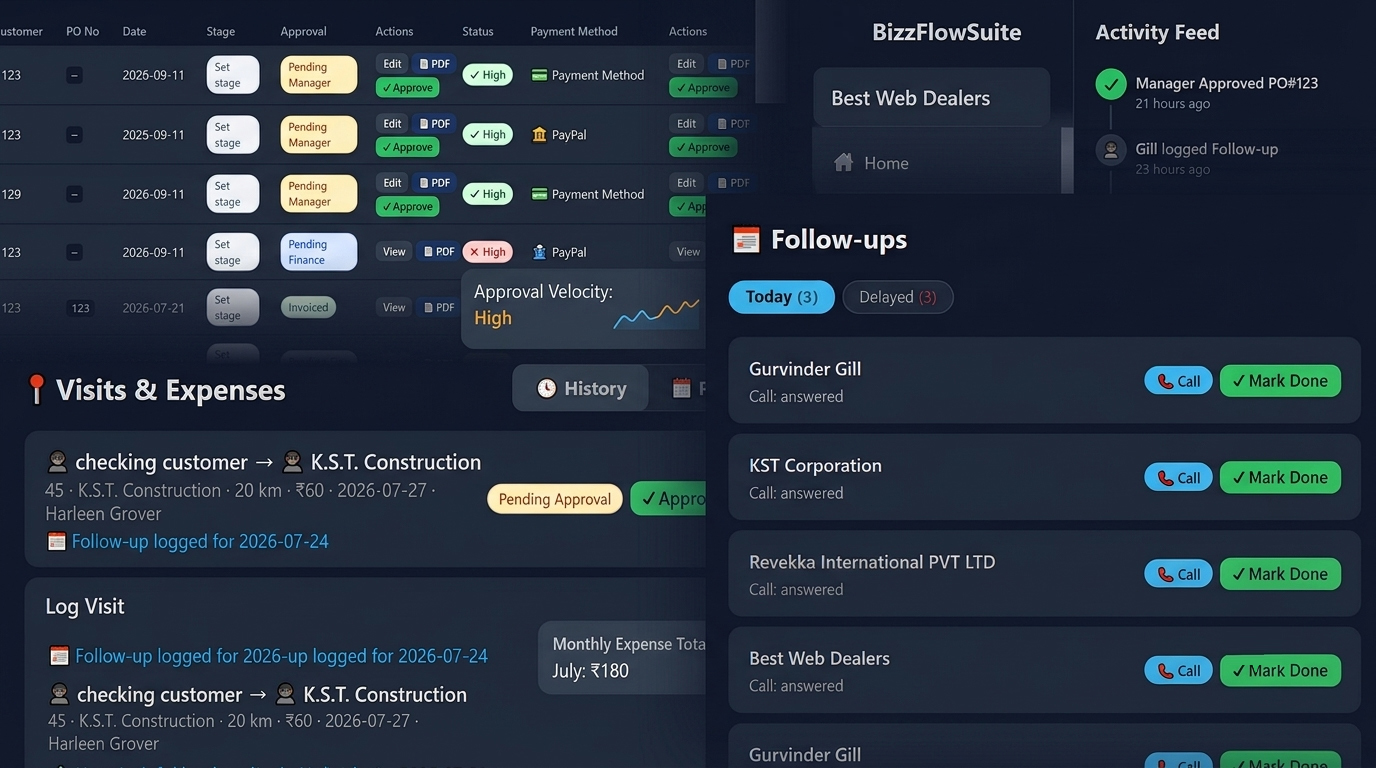 BizFlowSuite dashboard showing leads, quotations and approvals